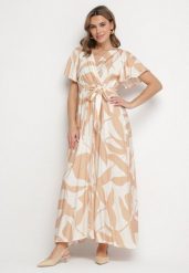 Jasnobeżowa Wiskozowa Sukienka Rozkloszowana z Kopertowym Dekoltem i Paskiem Jerriana. Brązowe sukienki damskie Born2be, bez wzorów, z wiskozy, eleganckie, bez ramiączek. Za 99.99 zł.