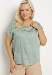 Zielona Bluzka z Krótkim Luźnym Rękawem Mepola. Zielone bluzki damskie Born2be, plus size, bez wzorów, z jeansu, eleganckie, bez kołnierzyka, plus size, bez ramiączek. Za 39.99 zł.