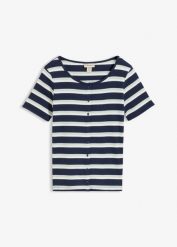 Prążkowany T-shirt z bawełny organicznej. Fioletowe t-shirty damskie bonprix, bez wzorów, z bawełny, bez kołnierzyka. Za 19.99 zł.