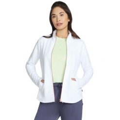 Bluza dresowa sportowa damska The Hoodless Hoodie GoWalk Shine Jacket. Białe bluzy damskie Skechers, bez wzorów, z dresówki, bez kaptura. Za 249.99 zł.