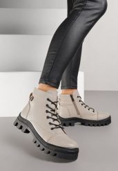 Ciemnobeżowe Botki Workery Potocki z Metalicznym Nitem Pioaza. Brązowe botki damskie Renee, bez obcasa, na płaskiej podeszwie, bez zapięcia. Za 199.99 zł.