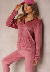 Różowy 2-częściowy Komplet Dresowy Welurowy z Bluzą i Spodniami Misnes. Czerwone bluzy damskie Renee, m, bez wzorów, z dresówki, z kapturem. Za 84.99 zł.