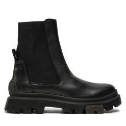 Sztyblety HUGO. Czarne botki damskie Hugo, bez obcasa, na płaskiej podeszwie, bez zapięcia. Za 1,149.00 zł.