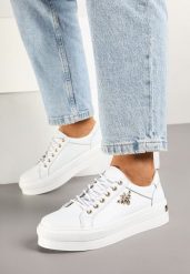 Biało-Złote Sneakersy ze Skóry na Grubej Podeszwie z Metaliczną Ozdobą Orlianse. Białe obuwie sportowe damskie Born2be, ze skóry, bez zapięcia. Za 139.99 zł.