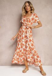 Pomarańczowa Rozkloszowana Sukienka z Wiskozy z Gumką w Pasie i Materiałowym Paskiem Vikllia. Brązowe sukienki damskie Renee, bez wzorów, z materiału, eleganckie, bez ramiączek. W wyprzedaży za 83.99 zł.