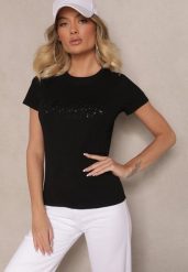Czarny T-shirt z Bawełny Ozdobiony Metalicznym Napisem Galvivia. Czarne t-shirty damskie Renee, m, z aplikacjami, z bawełny, bez kołnierzyka. Za 54.99 zł.