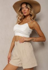 Beżowe Luźne Szorty Bermudy z Bawełny High Waist Farsefia. Brązowe szorty damskie Renee, bez wzorów, z bawełny, z podwyższonym stanem. Za 89.99 zł.