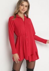 Czerwona Asymetryczna Sukienka o Koszulowym Kroju z Gumką w Talii Elodina. Czerwone sukienki damskie Born2be, bez wzorów, eleganckie, bez ramiączek. W wyprzedaży za 72.24 zł.