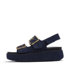 Sandały na koturnie z zapięciem na plecach damskie FitFlop Gen-FF Max. Niebieskie sandały damskie FIT FLOP, bez wzorów, z denimu, bez obcasa, na koturnie, bez zapięcia. Za 719.50 zł.