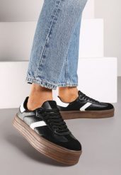 Czarne Sneakersy na Niskiej Platformie z Ekozamszowymi Wstawkami Irisca. Czarne obuwie sportowe damskie Renee, na lato, z jeansu, bez zapięcia. Za 99.99 zł.