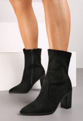 Czarne Botki na Słupku z Dopasowaną Cholewką Arfiora. Czarne botki damskie Renee, z wełny, eleganckie, bez obcasa, na obcasie, bez zapięcia. Za 119.99 zł.