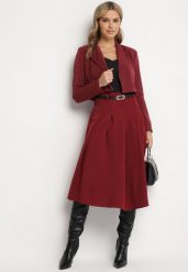 Bordowa Rozkloszowana Spódnica z Wiskozą Ozdobiona Paskiem i Plisami Fidelin. Czerwone spódnice damskie Born2be, m, bez wzorów, z wiskozy, eleganckie, midi. Za 109.99 zł.