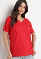 Czerwony Bawełniany T-shirt z Trójkątnym Dekoltem Nelirna. Czerwone t-shirty damskie Born2be, l, bez wzorów, z bawełny, bez kołnierzyka. Za 39.99 zł.
