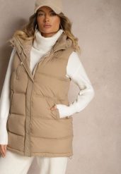 Ciemnobeżowa Pikowana Kamizelka z Kapturem i Ozdobnym Suwakiem Tomtalisa. Brązowe kamizelki damskie Renee, l, bez wzorów, z jeansu, z kapturem. Za 129.99 zł.