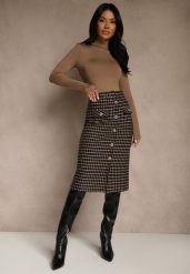 Czarno-Beżowa Tweedowa Spódnica Ołówkowa w Kratę z Guzikami Aretusa. Czarne spódnice damskie Renee, do pracy, m, bez wzorów, biznesowe, midi. Za 69.99 zł.