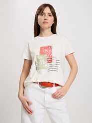 Cross Jeans Koszulka w kolorze kremowym rozmiar: M. Brązowe bluzki damskie Cross Jeans, m, bez wzorów, z jeansu, bez kołnierzyka, bez ramiączek. Za 57.06 zł.