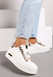 Białe Casualowe Sneakersy na Platformie Ozdobione Cyrkoniami i Metalicznymi Wstawkami Primaria. Białe obuwie sportowe damskie Renee, z jeansu, bez zapięcia. Za 79.99 zł.