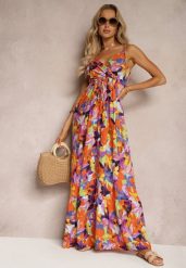 Pomarańczowo-Fioletowa Kopertowa Sukienka z Wiskozy na Ramiączkach i Gumką w Talii Tiamali. Brązowe sukienki damskie Renee, bez wzorów, z wiskozy, eleganckie, bez ramiączek. W wyprzedaży za 55.99 zł.