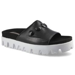 Klapki damskie Simen, ze skóry licowej z ozdobnymi kamieniami , czarne, 224A-Sandro-04. Czarne klapki damskie Simen, bez wzorów, ze skóry, bez obcasa, na platformie, bez zapięcia. Za 169.00 zł.