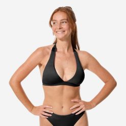 Góra kostiumu kąpielowego damska Decathlon Cora. Czarne bikini OLAIAN, bez wzorów, z elastanu. Za 69.99 zł.