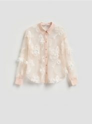 Transparentna koszula z aplikacjami - pastelowy róż. Czerwone koszule damskie Reserved, l, z aplikacjami, z dzianiny, bez kołnierzyka, bez ramiączek. Za 159.99 zł.