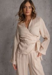 Beżowa Wiskozowa Bluzka z Kopertowym Dekoltem i Wiązaniem z Boku Velarila. Brązowe bluzki damskie Renee, l, bez wzorów, z materiału, bez kołnierzyka, bez ramiączek. Za 149.99 zł.