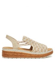 Rieker Sandały 62741-60 Beżowy. Brązowe sandały damskie Rieker, bez wzorów, z materiału, bez obcasa, na koturnie, bez zapięcia. Za 319.99 zł.