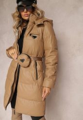 Beżowa Długa Kurtka z Paskiem Płaszcz z Okrągłą Saszetką w Komplecie Nabili. Brązowe kurtki damskie Renee, bez wzorów. Za 319.99 zł.