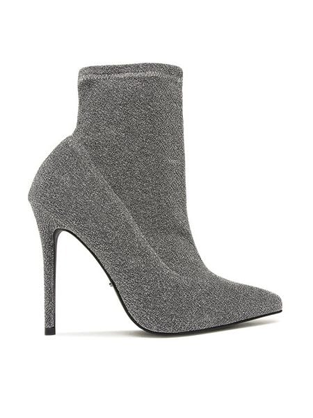 DeeZee Botki KL-HT6933-1 Srebrny. Szare botki damskie DeeZee, z materiału, bez obcasa, na szpilce, bez zapięcia. Za 99.99 zł.