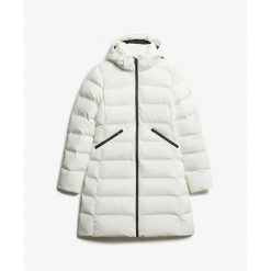 Damska kurtka puchowa Superdry. Białe kurtki damskie Superdry, na zimę, bez wzorów, z puchu, bez kaptura. Za 729.10 zł.