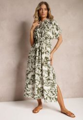 Zielono-Biała Sukienka Taliowana z Gumką w Talii Nasilena. Zielone sukienki damskie Renee, bez wzorów, eleganckie, bez ramiączek. W wyprzedaży za 83.99 zł.