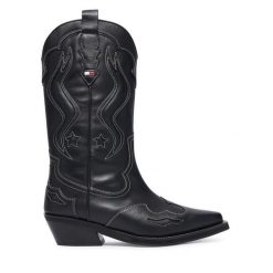 Kowbojki Tommy Jeans. Czarne kozaki damskie Tommy Jeans, z jeansu, bez obcasa, na płaskiej podeszwie, bez zapięcia. Za 1,099.00 zł.