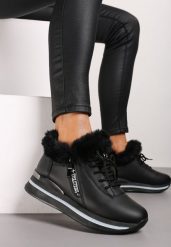 Czarne Botki Sneakersy na Grubej Podeszwie z Futerkiem Biqilee. Czarne obuwie sportowe damskie Born2be, bez zapięcia. Za 119.99 zł.