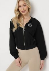 Czarna Bluza z Wyszytą Buźką i Kapturem Ściąganym Troczkami Ilexa. Czarne bluzy damskie Born2be, l, bez wzorów, z dzianiny. Za 59.99 zł.