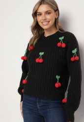 Czarny Sweter z Aplikacjami Wisienek o Klasycznym Fasonie Dintinnia. Czarne swetry klasyczne damskie Born2be, m, z jeansu, bez kołnierzyka. Za 159.99 zł.