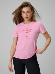 4F T-shirt regular z nadrukiem damski - różowy M. Czerwone t-shirty damskie 4F, m, bez wzorów, z bawełny, bez kołnierzyka. Za 49.99 zł.