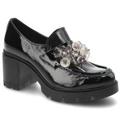 Półbuty damskie Lemar, cholewka ze skóry naturalnej lakierowanej wsuwany fason stabilny obcas, naplak czarny, 20112. Czarne półbuty damskie Lemar, z aplikacjami, ze skóry, bez obcasa, na obcasie, bez zapięcia. Za 279.00 zł.