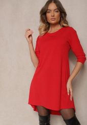 Czerwona Sukienka o Trapezowym Kroju z Dłuższym Tyłem Gemivra. Czerwone sukienki damskie Renee, bez wzorów, klasyczne, bez ramiączek. Za 59.99 zł.