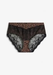 Figi z wysokim stanem z delikatną koronką. Brązowe figi bonprix, bez wzorów, z koronki. Za 27.99 zł.