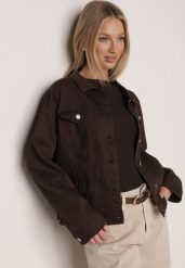 Ciemnobrązowa Bawełniana Kurtka Jeansowa Perimea. Brązowe kurtki damskie Born2be, l, bez wzorów, z bawełny, bez kaptura. Za 149.99 zł.
