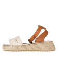 Pepe Jeans FOOTWEAR Skórzane sandały w kolorze biało-jasnobrązowym na koturnie rozmiar: 38. Białe sandały damskie Pepe Jeans FOOTWEAR, bez wzorów, z jeansu, z otwartym noskiem, bez obcasa, na koturnie, bez zapięcia. Za 118.28 zł.