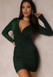 Zielona Sukienka Marszczona z Metaliczną Nicią Favimia. Zielone sukienki damskie Renee, bez wzorów, z materiału, bez ramiączek. Za 134.99 zł.