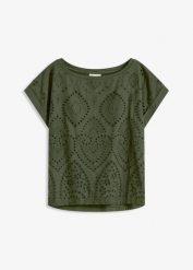 Bluzka z ażurową koronką. Niebieskie bluzki damskie bonprix, w ażurowe wzory, z koronki, eleganckie, bez kołnierzyka, bez ramiączek. Za 47.99 zł.