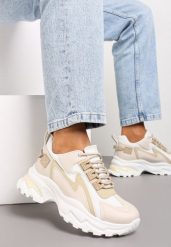 Beżowe Sneakersy Na Grubej Podeszwie z Przeszyciami i Sznurwaniem Marinil. Brązowe obuwie sportowe damskie Renee, bez zapięcia. Za 89.99 zł.