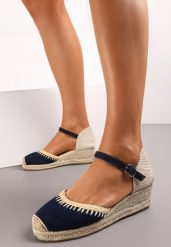 Granatowe Sandały na Koturnie z Plecionki z Juty Arminus. Niebieskie sandały damskie Renee, bez wzorów, bez obcasa, na koturnie, bez zapięcia. Za 89.99 zł.