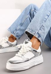 Biało-Srebrne Sneakersy na Platformie Wiązane na Szerokie Sznurowadła Viletra. Białe obuwie sportowe damskie Renee, bez zapięcia. Za 89.99 zł.