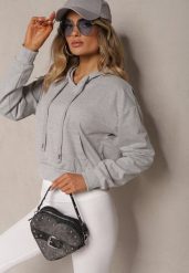 Jasnoszara Bluza z Kapturem i Bawełną Ozdobiona Ściągaczami Evianae. Szare bluzy damskie Renee, l, bez wzorów, z bawełny, z kapturem. Za 29.99 zł.