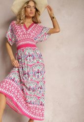 Fuksjowa Wiskozowa Sukienka Boho z Gumką w Pasie i Trójkątnym Dekoltem Casalina. Czerwone sukienki damskie Renee, bez wzorów, z wiskozy, boho, bez ramiączek. W wyprzedaży za 91.99 zł.