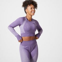 Koszulka fitness damska Domyos długi rękaw. Fioletowe koszulki damskie DOMYOS, l, bez wzorów, z materiału, bez kołnierzyka, bez ramiączek. W wyprzedaży za 69.99 zł.
