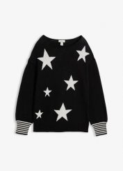 Sweter żakardowy z nadrukiem w gwiazdy, z mieszanki bawełny. Czarne swetry klasyczne damskie bonprix, z bawełny, bez kołnierzyka. Za 109.99 zł.